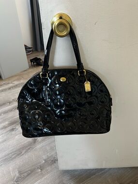 Coach Black Patent Leather Signature Dome Satchel with Gold Hardware